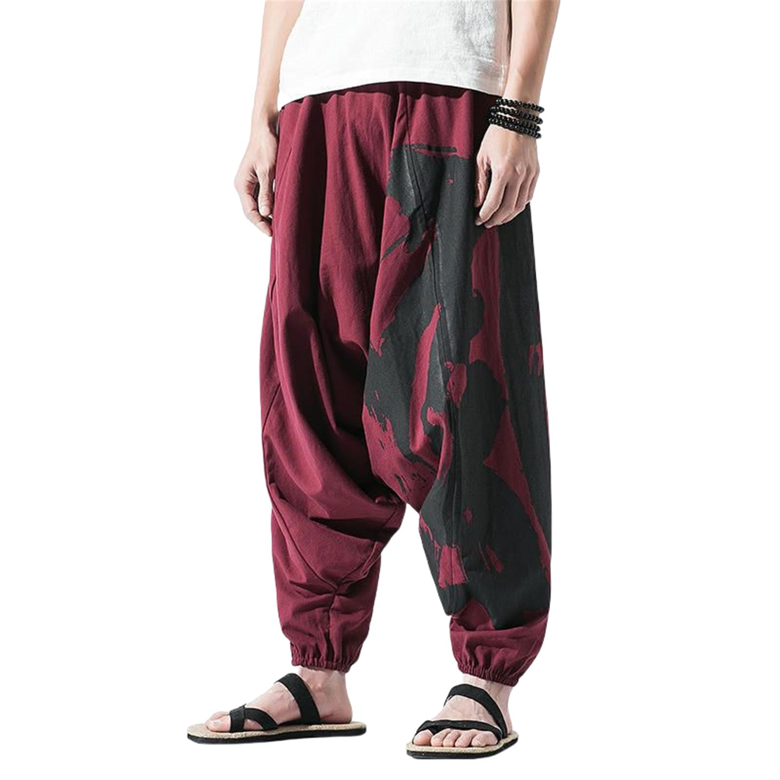 Pantaloni larghi da uomo in cotone e lino stile cinese primavera estate vestibilità ampia con cavallo basso carota