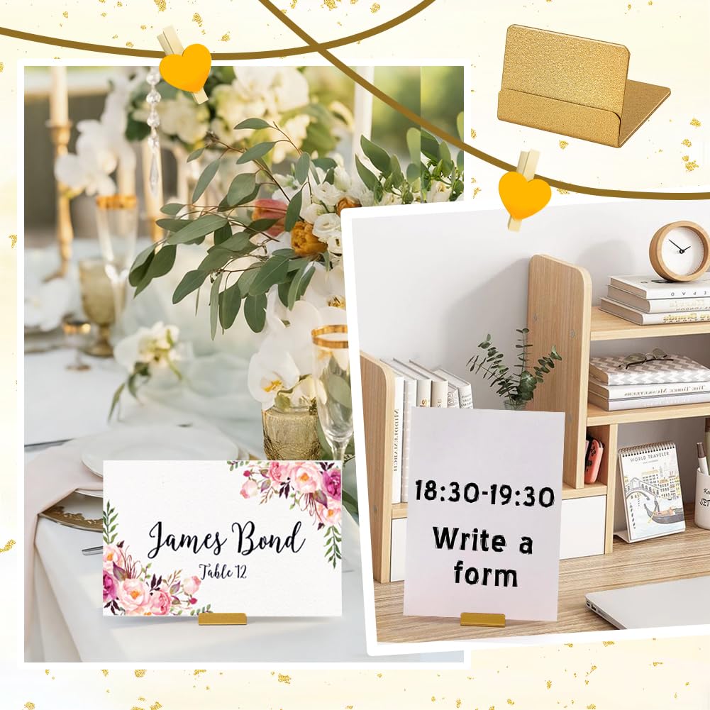 50 soportes dorados para números de mesa, soportes de metal para tarjetas de nombre, soportes para letreros de fotos para bodas, cumpleaños, eventos, aniversarios, fiestas, restaurantes