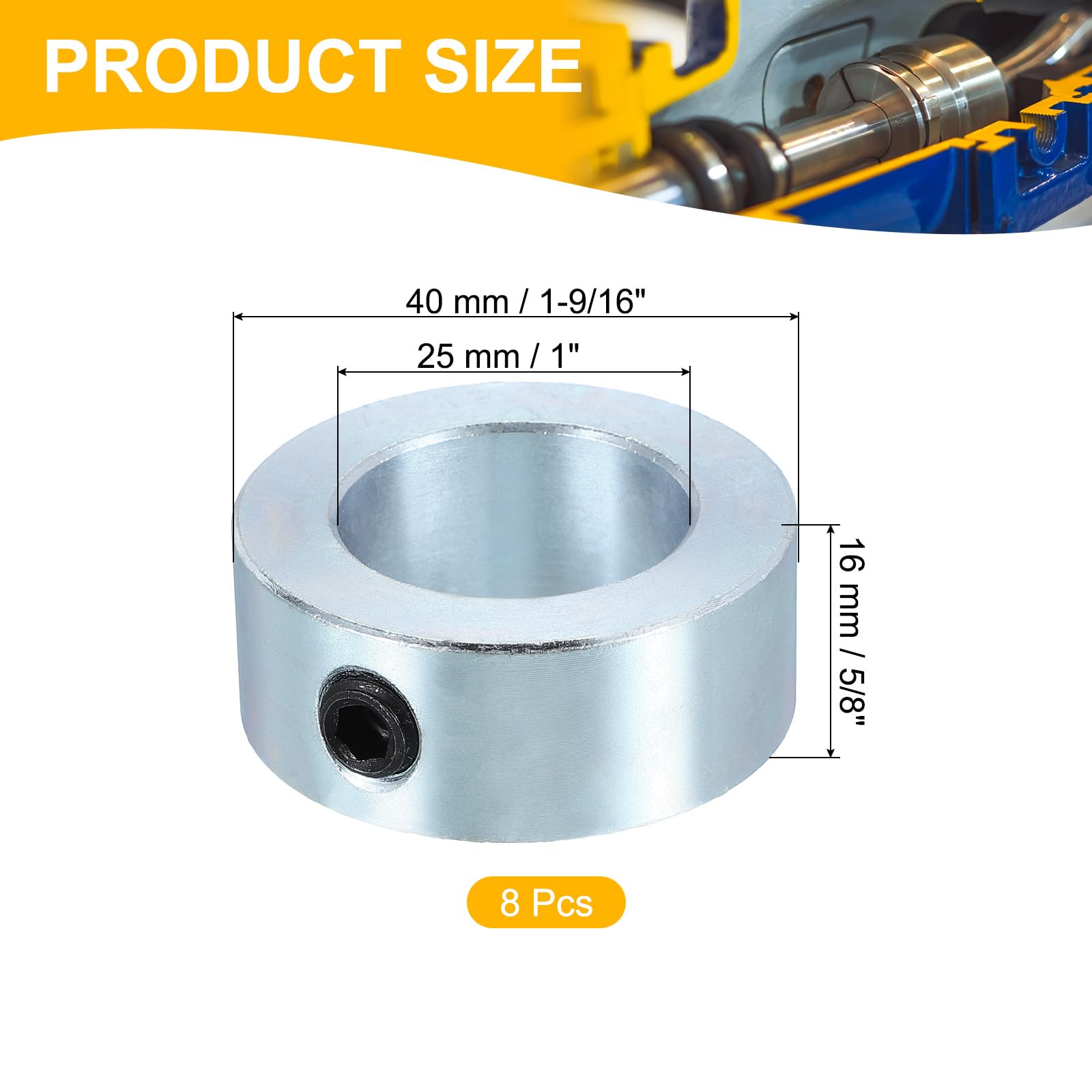 PATIKIL Bague de Réglage Alésage 25 mm Collier d'Arbre 40 mm OD 16 mm Épaisseur, 8 Pcs Acier au Carbone Zingué pour Roue de Butée de Train d'Atterrissage avec M8 Vis de Réglage, Argent