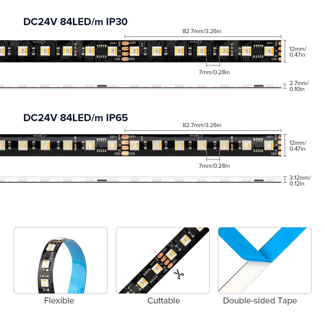 BTF-LIGHTING WS2805 Taśma LED RGBCCT IC 5050SMD adresowalna podwójna taśma sygnałowa LED 5 m 84 diody LED/M DC24 V elastyczne czarne marzenie kolor PCB IP30 do dekoracji DIY (bez kontrolera zasilania)