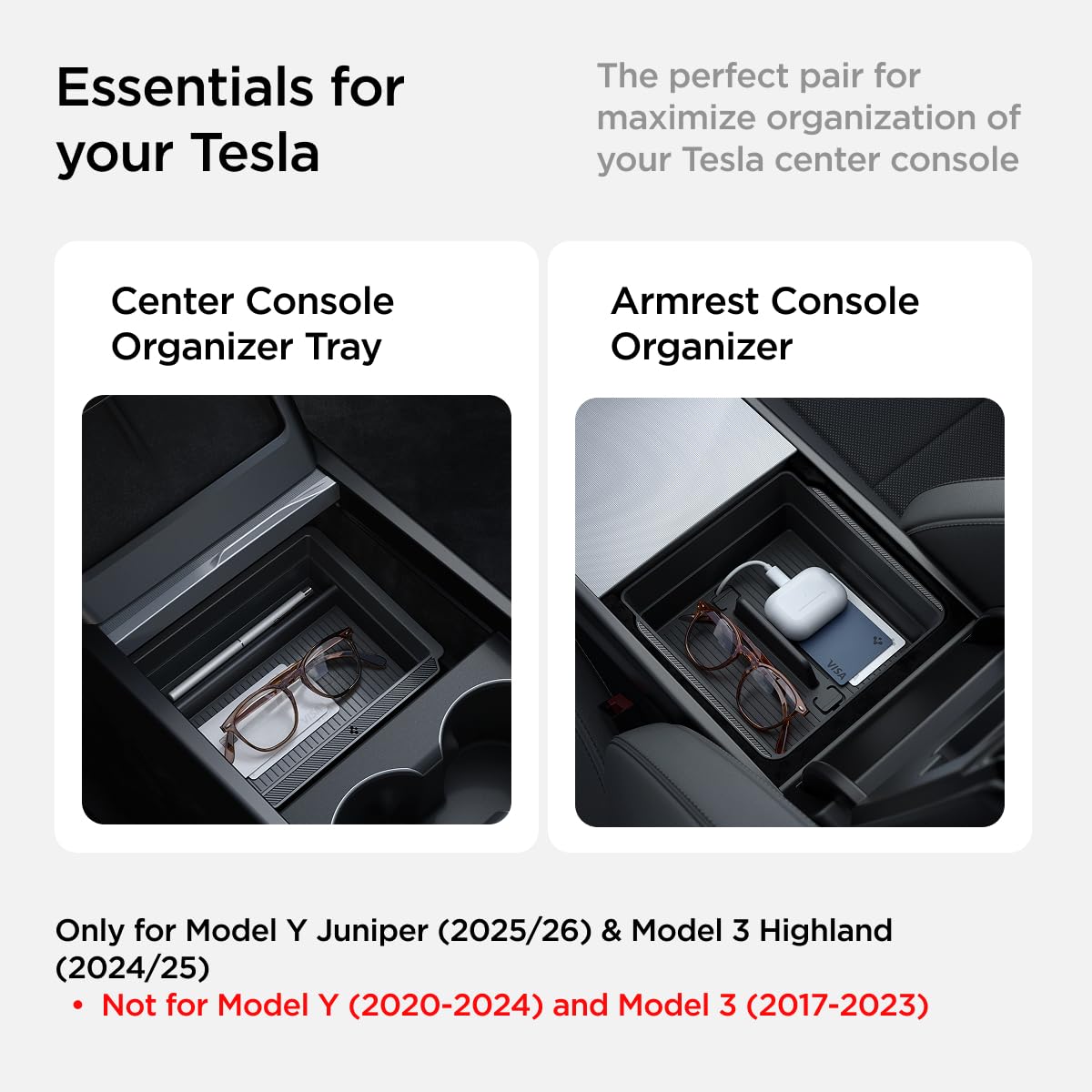 Spigen Tesla-Bundle – Mittelkonsolen-Organizer Schale & Armlehnen-Konsolen-Organizer für Tesla Model Y Juniper 2025–2026 (nur Premium, Performance) und Model 3 Highland 2024–2026
