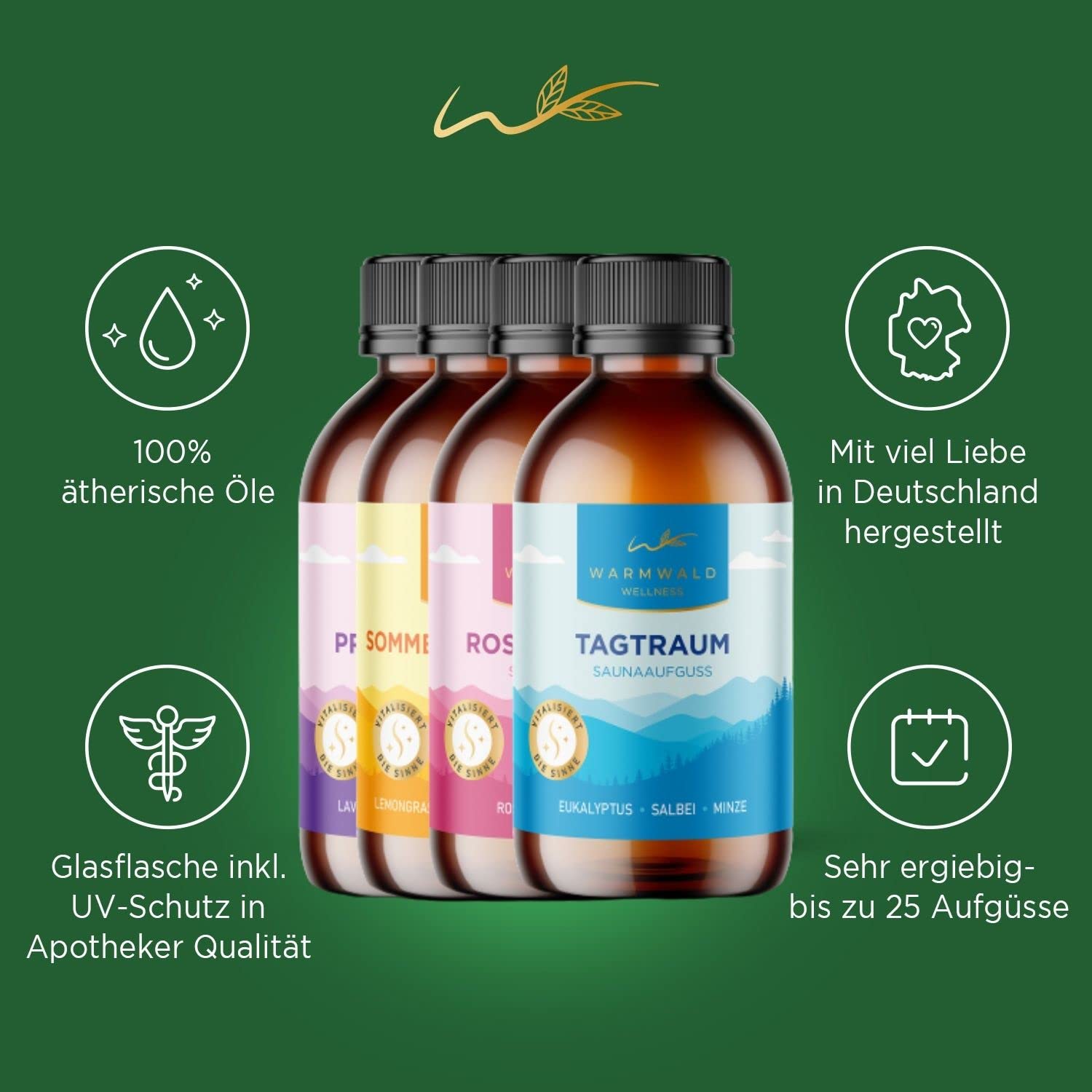 Saunaaufguss - Sauna Aufgussmittel mit natürlichen ätherischen Ölen - Saunaöl - Saunaduft (Warmwald QUARTETT - 4 x 100 ml)
