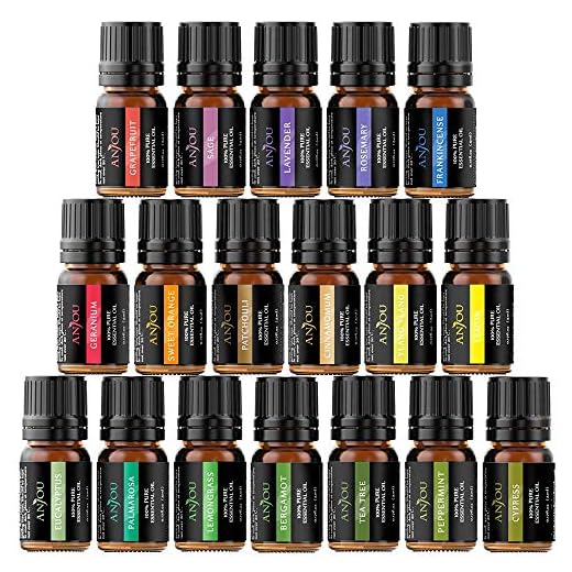 Anjou Aceites Aromaterapia 18, Aceites Esenciales Natural 100% (Lavanda, Naranja Dulce, Árbol de Té, Eucalipto, Hierba de Limón, Menta, Bergamota, Incienso, Limón y Extra) para Humidificador