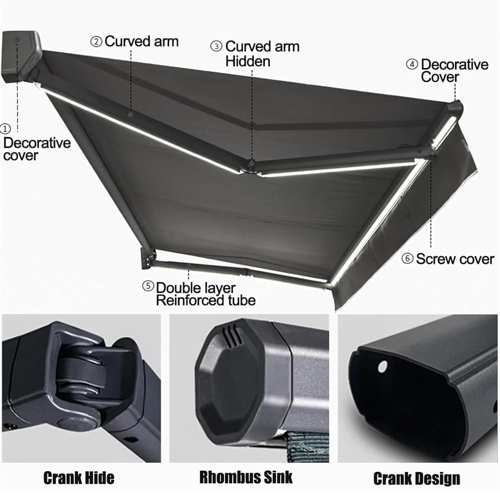 Tenda da sole retrattile con luce LED, baldacchino automatico per ombra esterna, tenda da giardino e balcone in alluminio
