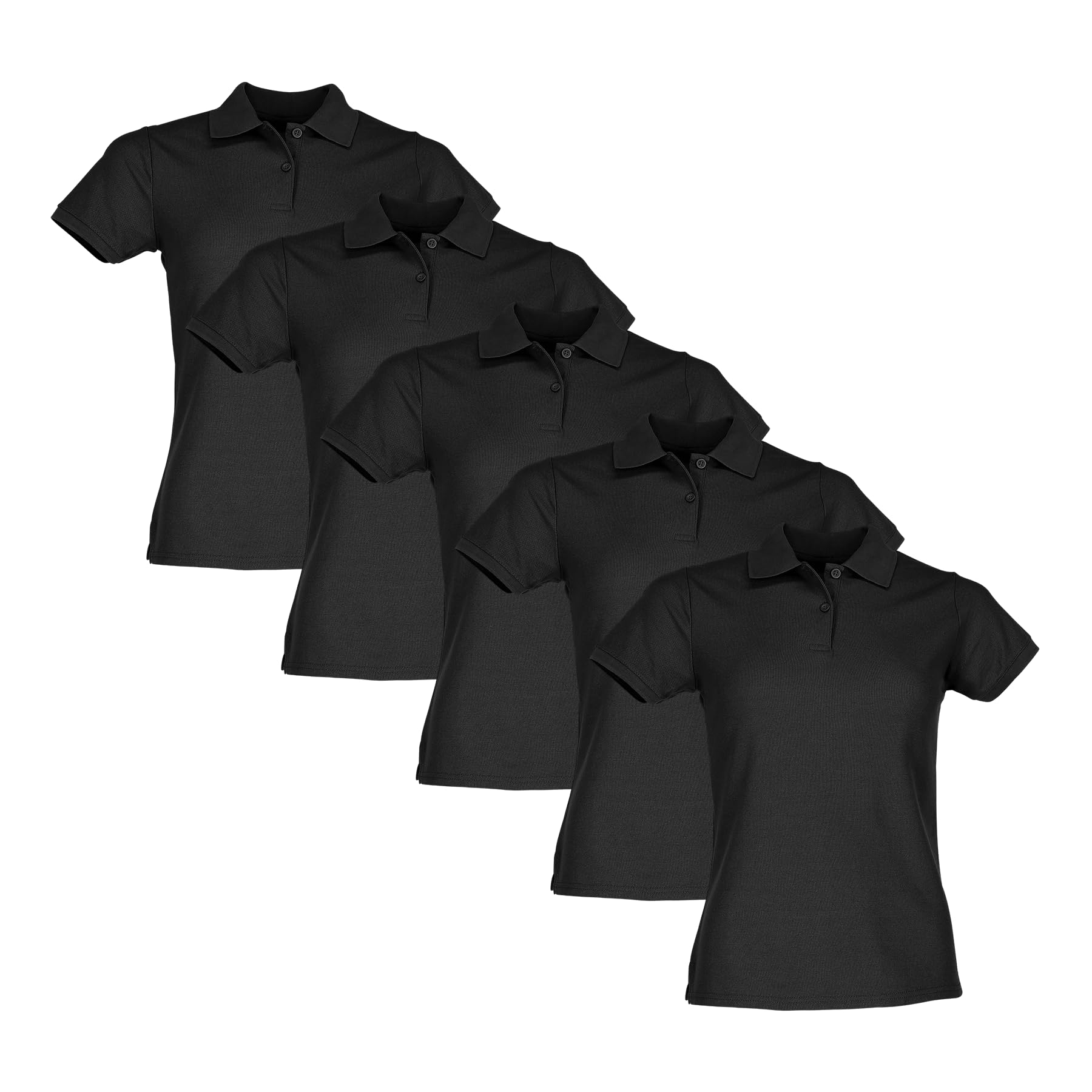 Fruit of the Loom 5er Pack Ladies´ 65/35 Polo Shirt Damen Polohemd + Web-Textilien24 Stoffbeutel - XS S M L XL XXL - Diverse Farbsets