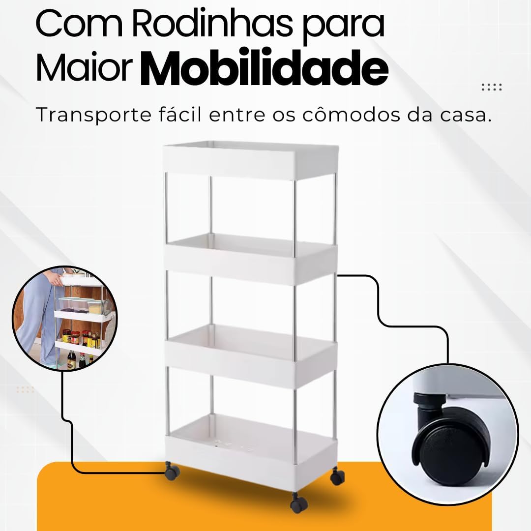 Carrinho Organizador Multiuso com 4 Prateleiras e Rodinhas - Plástico Resistente - Para Cozinha, Banheiro, Salão, Escritório ou Manicure