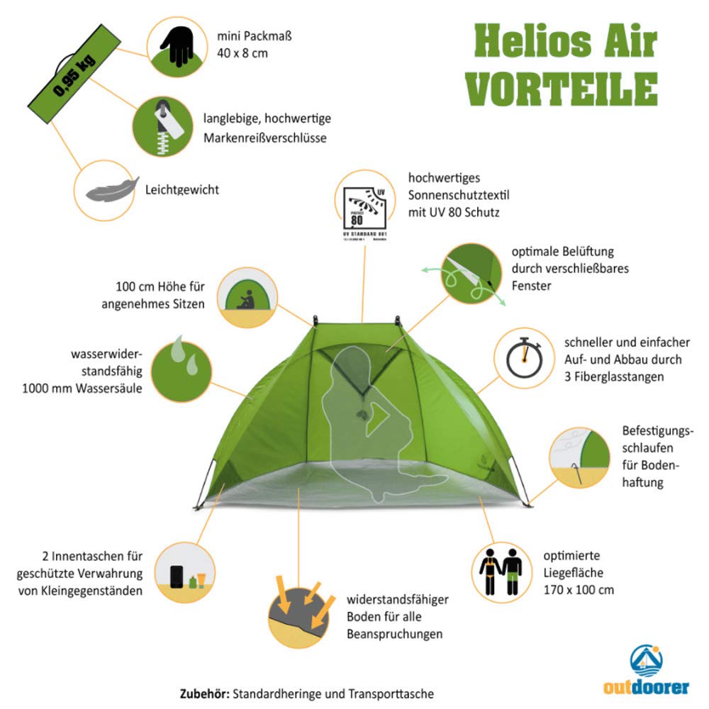 Outdoorer Tenda da spiaggia Helios Air - Protezione UV 80 & finestra richiudibile per viaggi (verde)