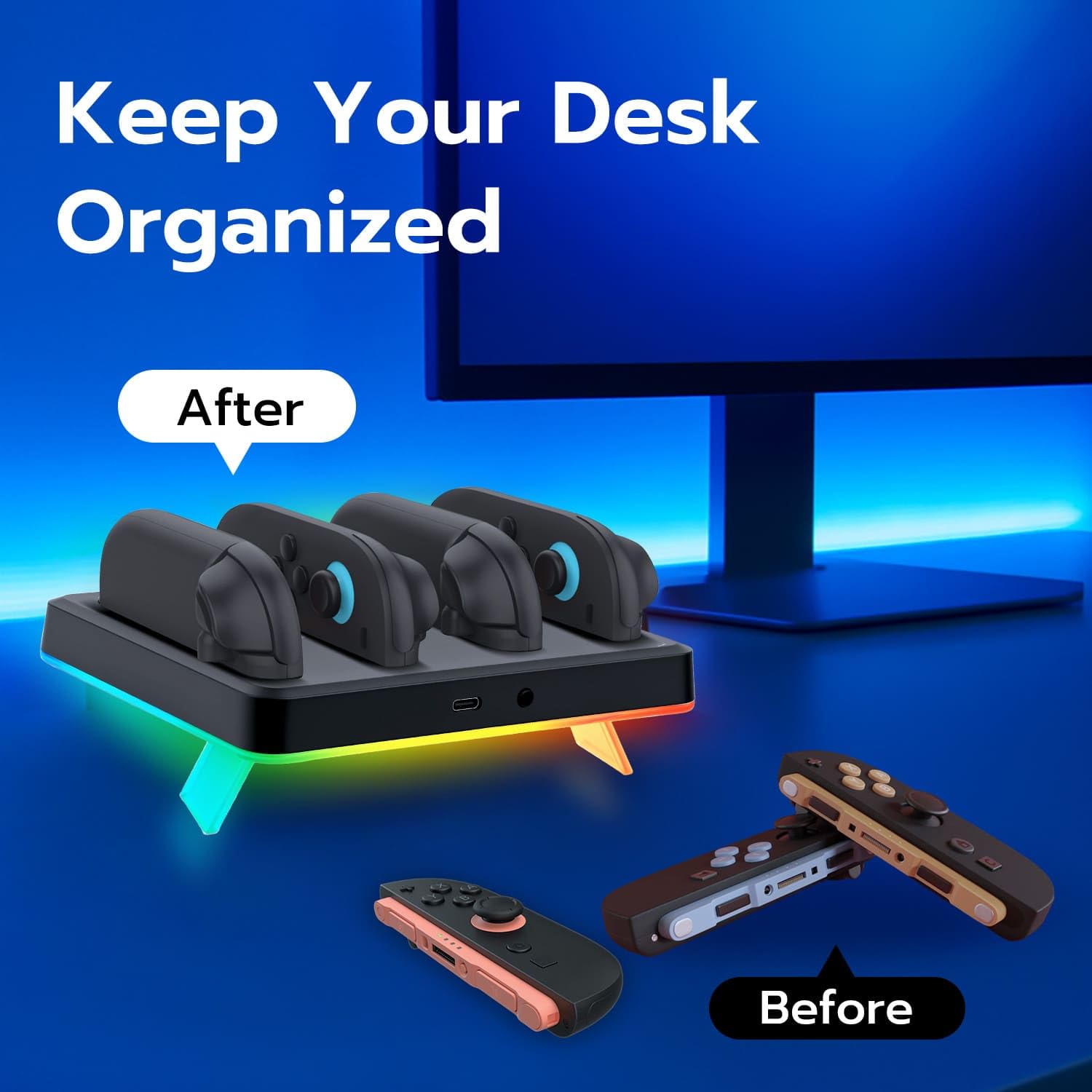 Mcbazel Station de Charge RGB pour Switch 2, Chargeur Magnétique pour Manette avec 9 Modes D'éclairage, Design Incliné à 17 Degrés et Montage Mural, Indicateurs LED pour Manette NS Switch 2 (Noir)