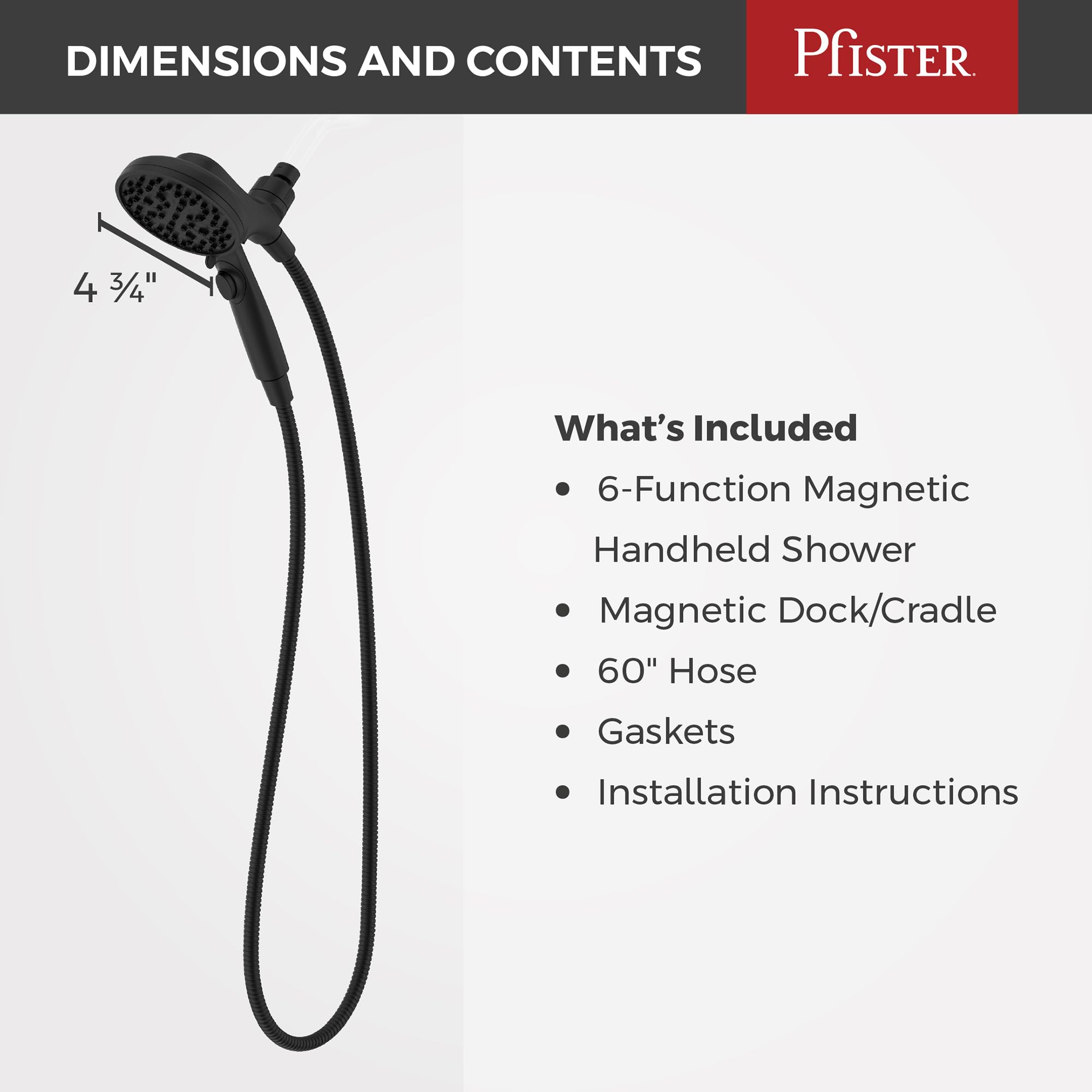 Pfister HydroFuse Ręczna słuchawka prysznicowa z wężem, magnetycznym mocowaniem, 6 funkcjami, przepływem 9 l/min, wykończeniem Spot Defense w kolorze matowej czerni, 016HFM01SDB