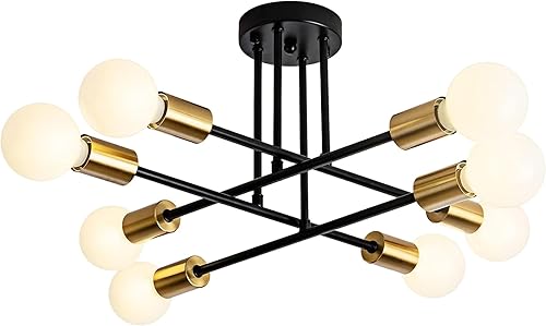 Lámpara de techo de forma industrial DIY E26 moderna lámpara de techo de hierro vintage para dormitorio, sala de estar, cocina, pasillo (negro+oro,