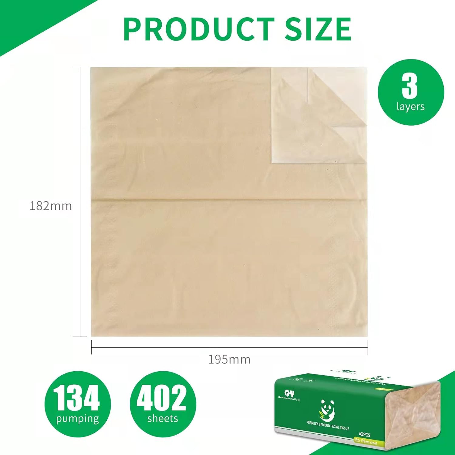Soft Durable Bamboo Facial Tissues - 3 Ply Natural Unbleached Facial Paper Dry or Wet Use 12 Packs(134 Tissue per Pack, 1608 Tissues Total) - Image 2