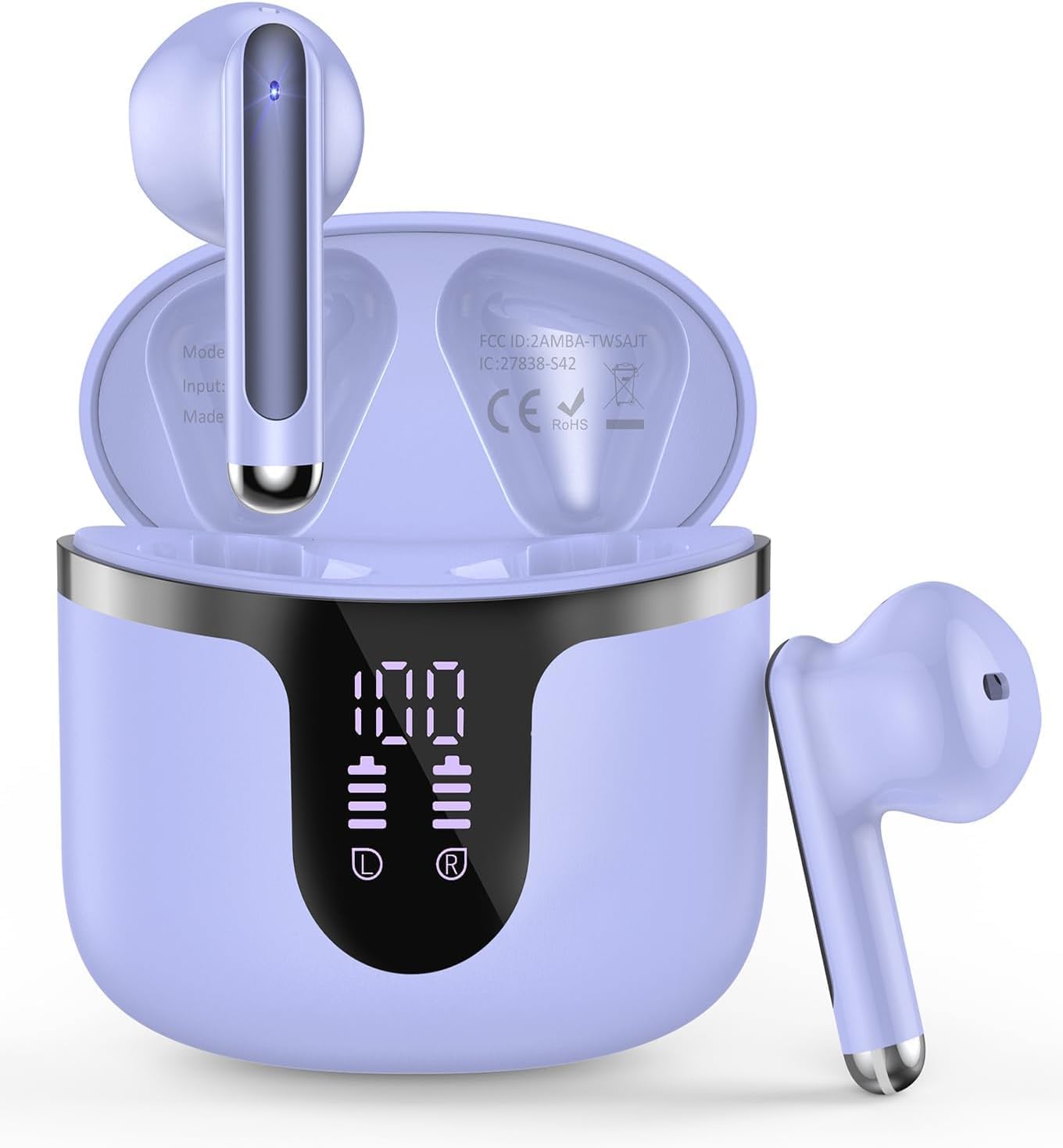 Ecouteurs Bluetooth sans fil, Écouteur Bluetooth 5.3 Hifi stéréo, Écouteurs sans fil ENC avec 4 Mics, Casque Bluetooth avec 42 heures d'écoute, Oreillette Bluetooth Sports IP7 étanche, Violet