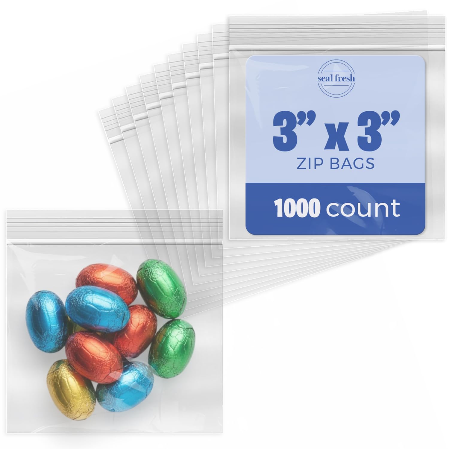 Seal Fresh 3 x 3 Inch Resealable Plastic Bags 1000 Pack — Clear Reclosable Mini Bags with Zipper Seal for Jewelry, Beads, Small Parts, Crafts,