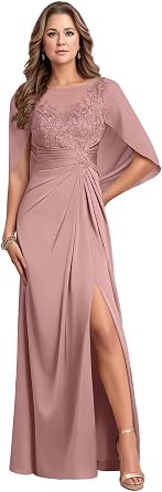 Lace Chiffon Mother of the Bride Dress with Slit Ruched Formal Dress with Cap Sleeve