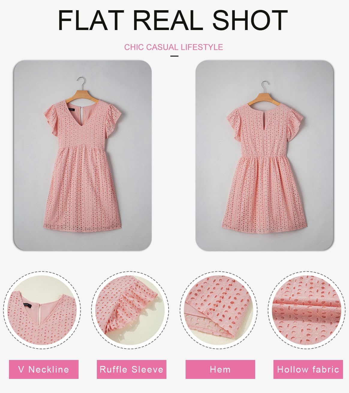 Dokotoo Womens Summer Dresses V Neck Ruffle Sleeve Cut-Out Embroidery Eyelet Lace Dress - Image 4