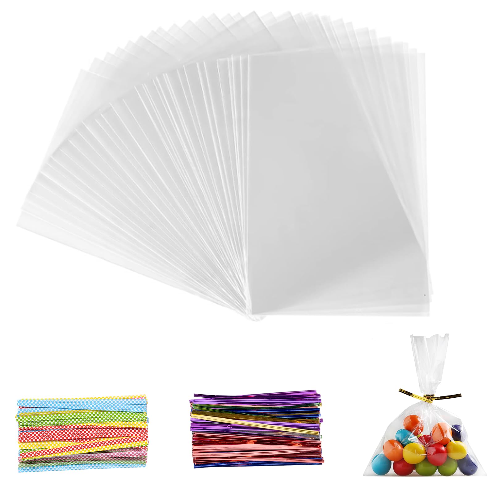 Kiperline Pack of 200 Transparent Rectangular Cellophane Bags, 10x15cm, Disposable, Polypropylene (PP), Twist Tie Closure, Perfect for Gift Parties, Storage, Cooking, Refrigerate