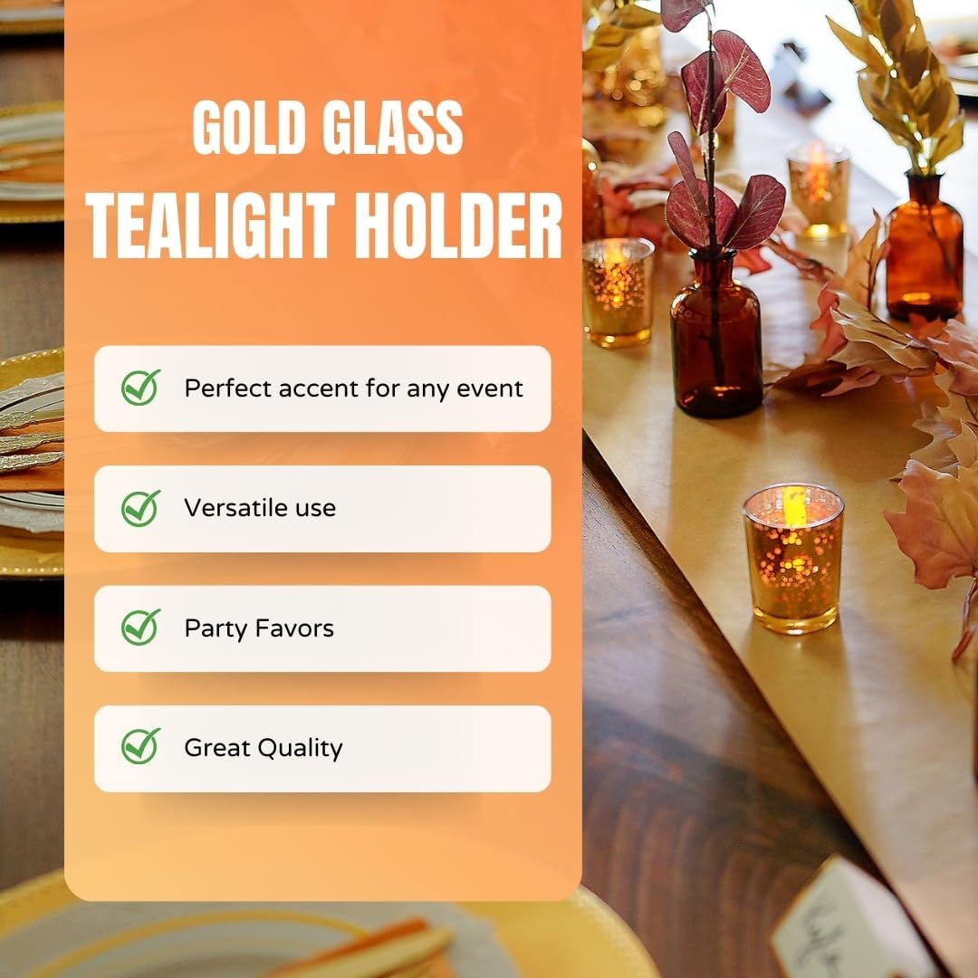 Fun Express Gold Glass Tealight Holders - Wedding and Home Decoration - Tealight Candle Holders for Table Centerpieces - Halloween, Christmas & Thanksgiving Decorations Indoor - 12 Pieces