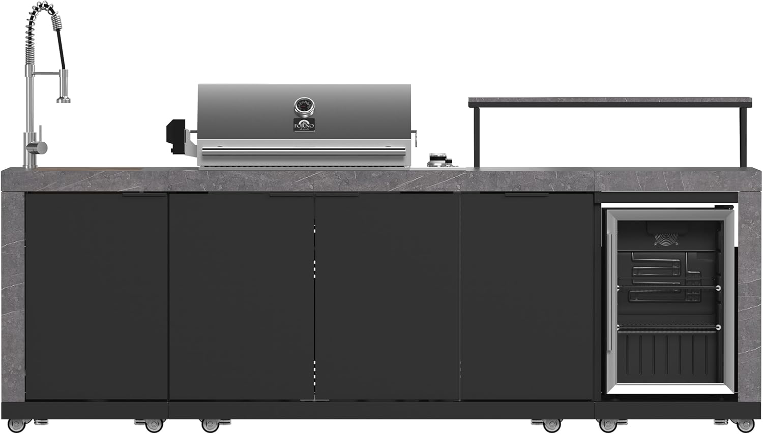 Forno Rimini 30" Outdoor Kitchen BBQ, 62,600 BTU Gas Grill with 3 Burners, Infrared Sear & Rotisserie - 2.4 cu.ft. Beverage Center, Stainless Steel Sink & Gray Sintered Stone Countertop - Black