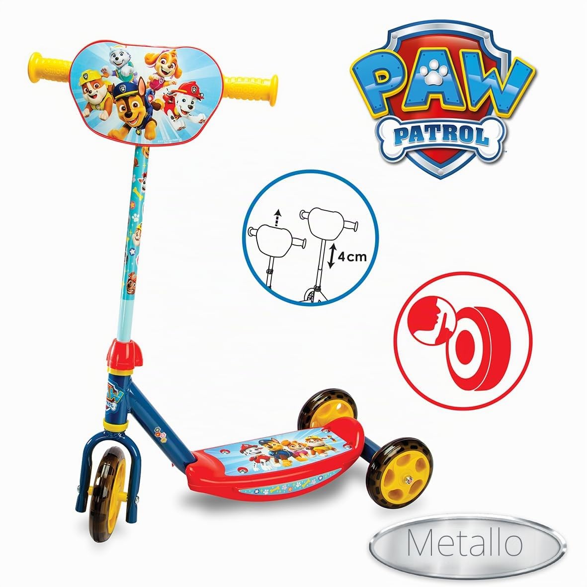 Smoby - Paw Patrol - Monopattino a 3 ruote - Manubrio regolabile - Altezza massima 67 cm - Poggiapiedi antiscivolo - Fino a 20 kg - Dai 3 anni