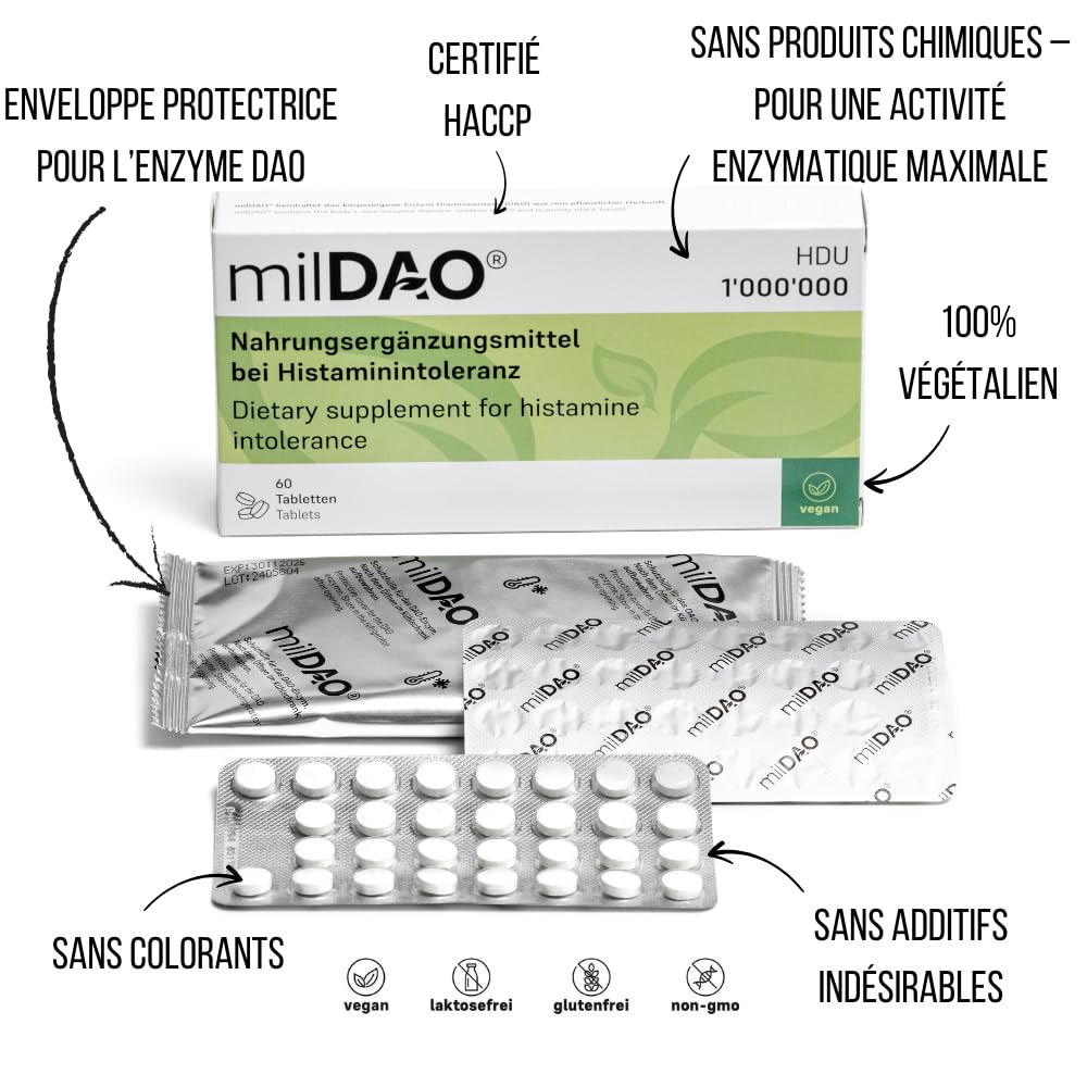 Supplément enzymatique DAO 1 000 000 HDU 60 comprimés véganes intolérance à l'histamine certifié Halal