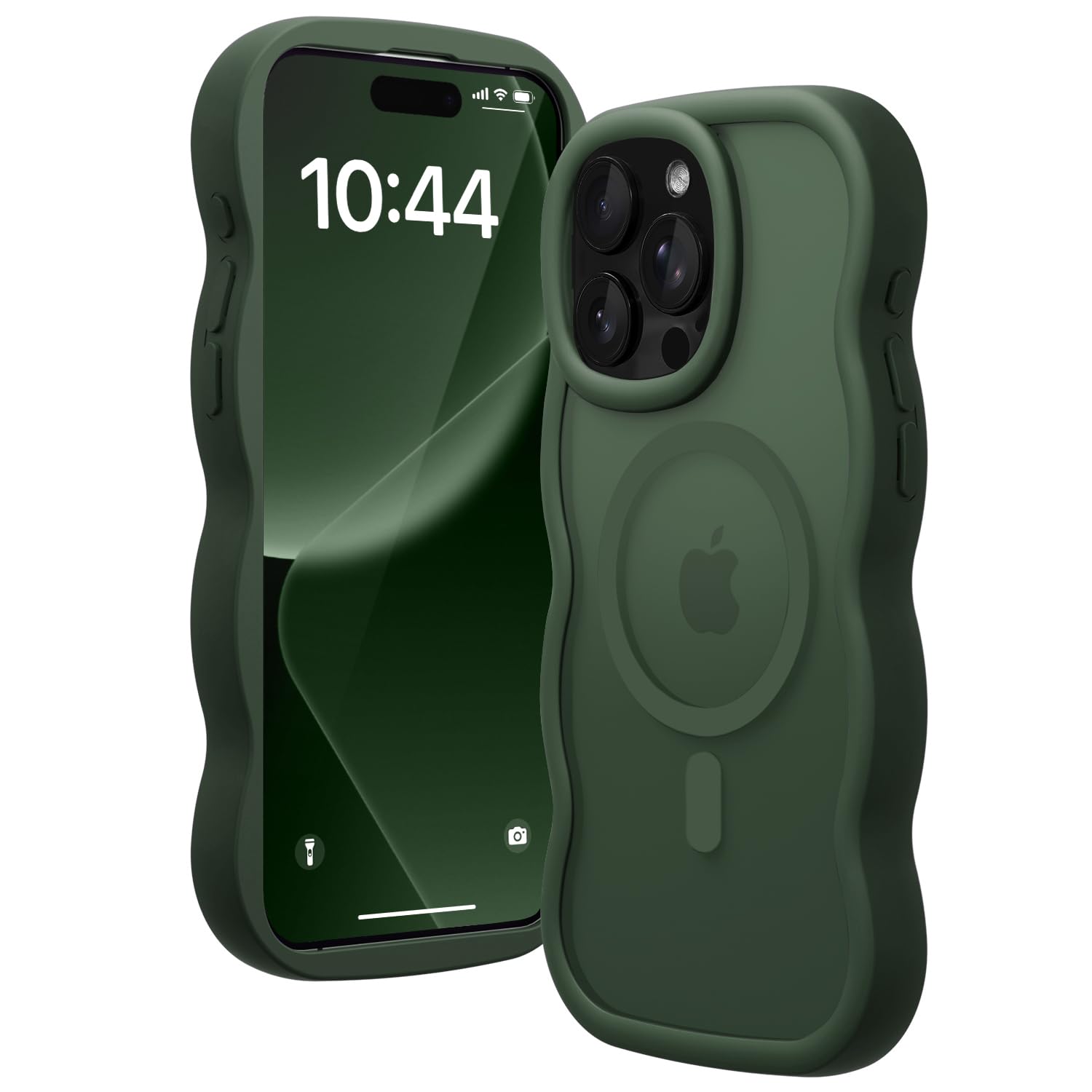 Amzfield iPhone15 Promax ケース MagSafe対応 ダークグリーン ウェーブ半透明マット 耐衝撃 指紋防止 マグネット付き