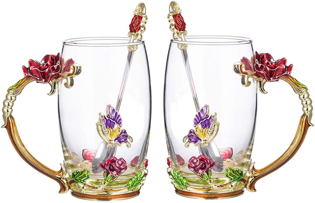 COAWG Couple Enamel Flower Glass Mug with Spoon Tea Coffee Cup Crystal Clear Glass Cups, Birthday Wedding Anniversary Valentine's Day Christmas Gifts for Women Wife Mum Grandma