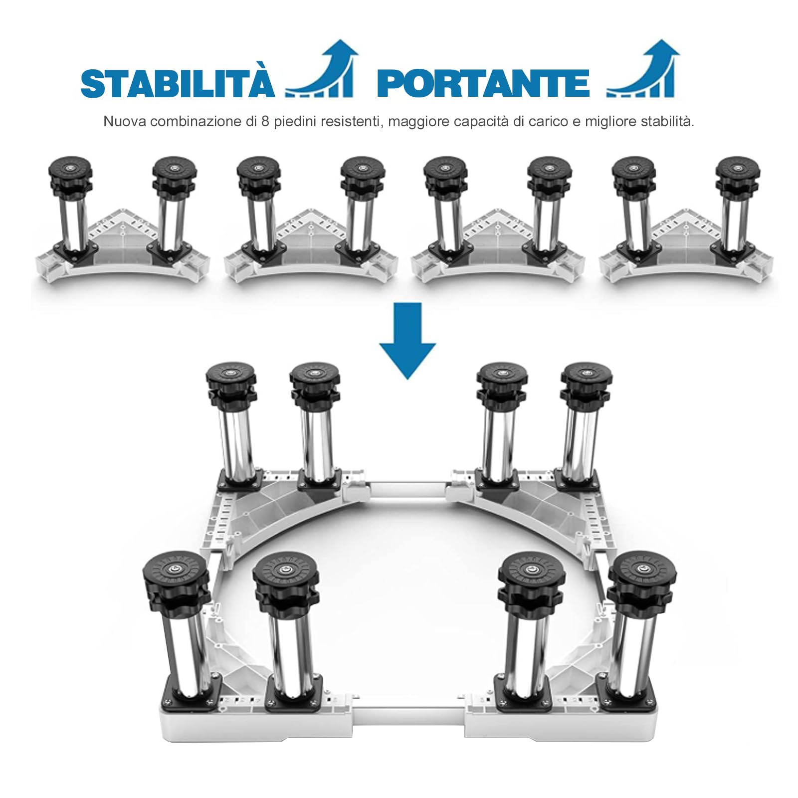 DEWEL Lavatrice a 8 Piedi, Carico Orso 500 KG, Regolabile Base per Lavatrice per Frigorifero, Asciugatrice e Congelatore, Lunghezza Regolabile 43-57 cm, Altezza 18-20 cm, Tubo Quadrato