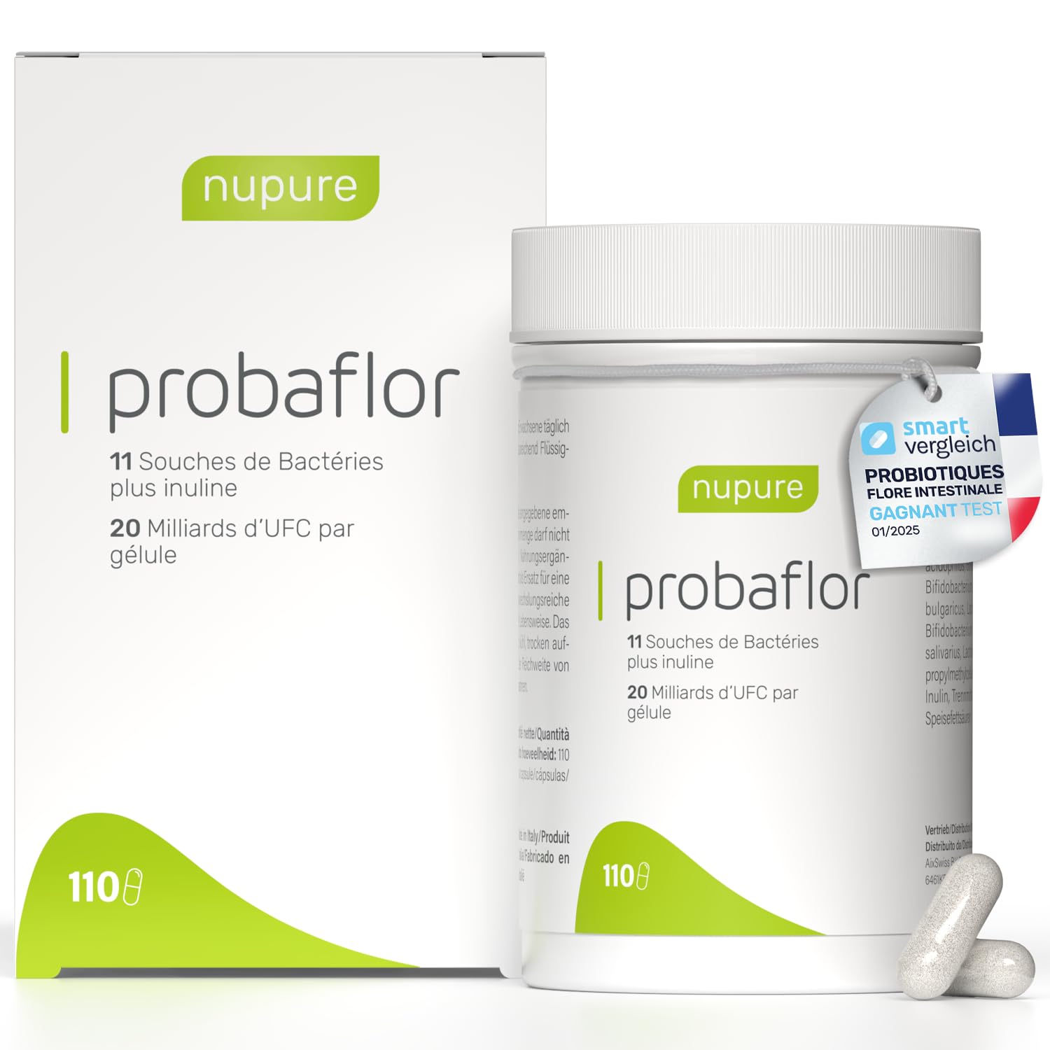 Nupure Probaflor 110 gélules, 20 milliards d'UFC, 11 souches bactériennes, inuline, Lactobacillus salivarius SP2