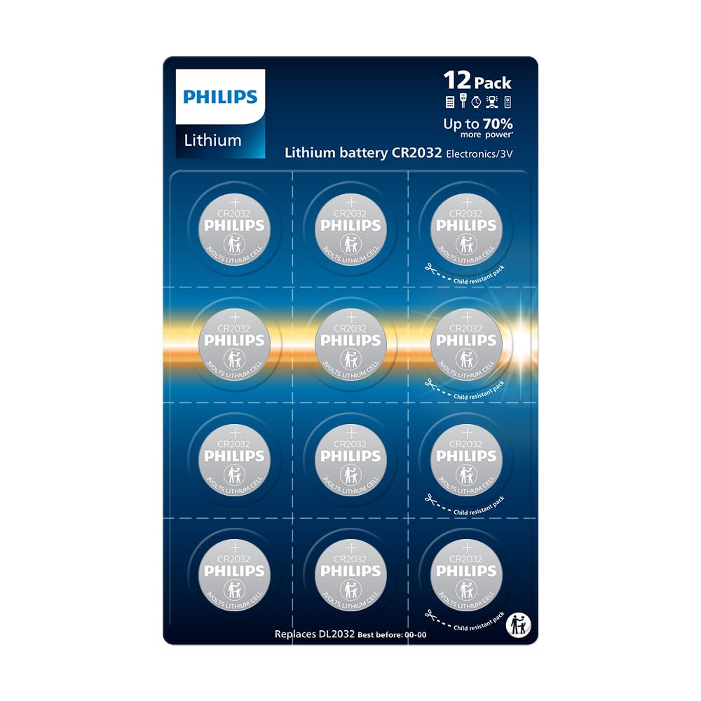 Philips Lithium CR2032 Batterie 3 Volt, Ottimali per orologi, portachiavi e calcolatrici, Confezione da 12
