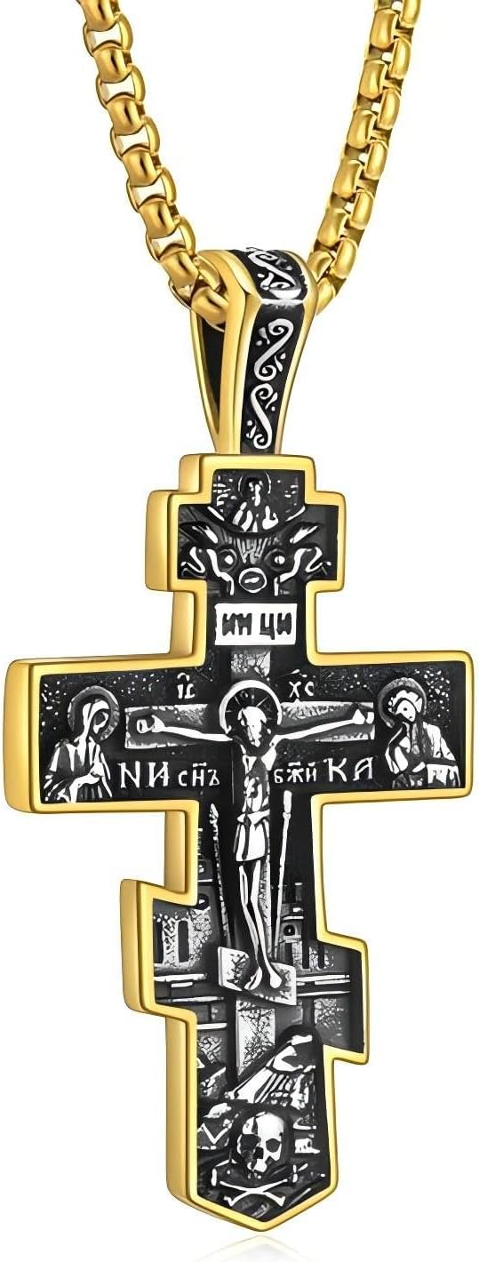 Eastern Orthodox Cross Pendant Necklace for Men and Women, Retro Religious Jesus Crucifix, Festival Pendant GIFT,Silvery