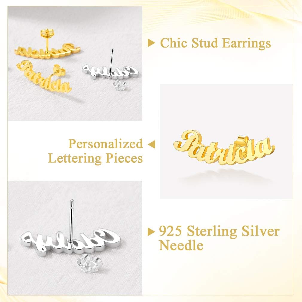 Custom4U Name Earrings Personalized for Women Stainless Steel/925 Sterling Silver/Gold Plated Custom Made Stud Earrings with Monogram Initials Letters/Nameplated Customized Jewelry (Gift Box)