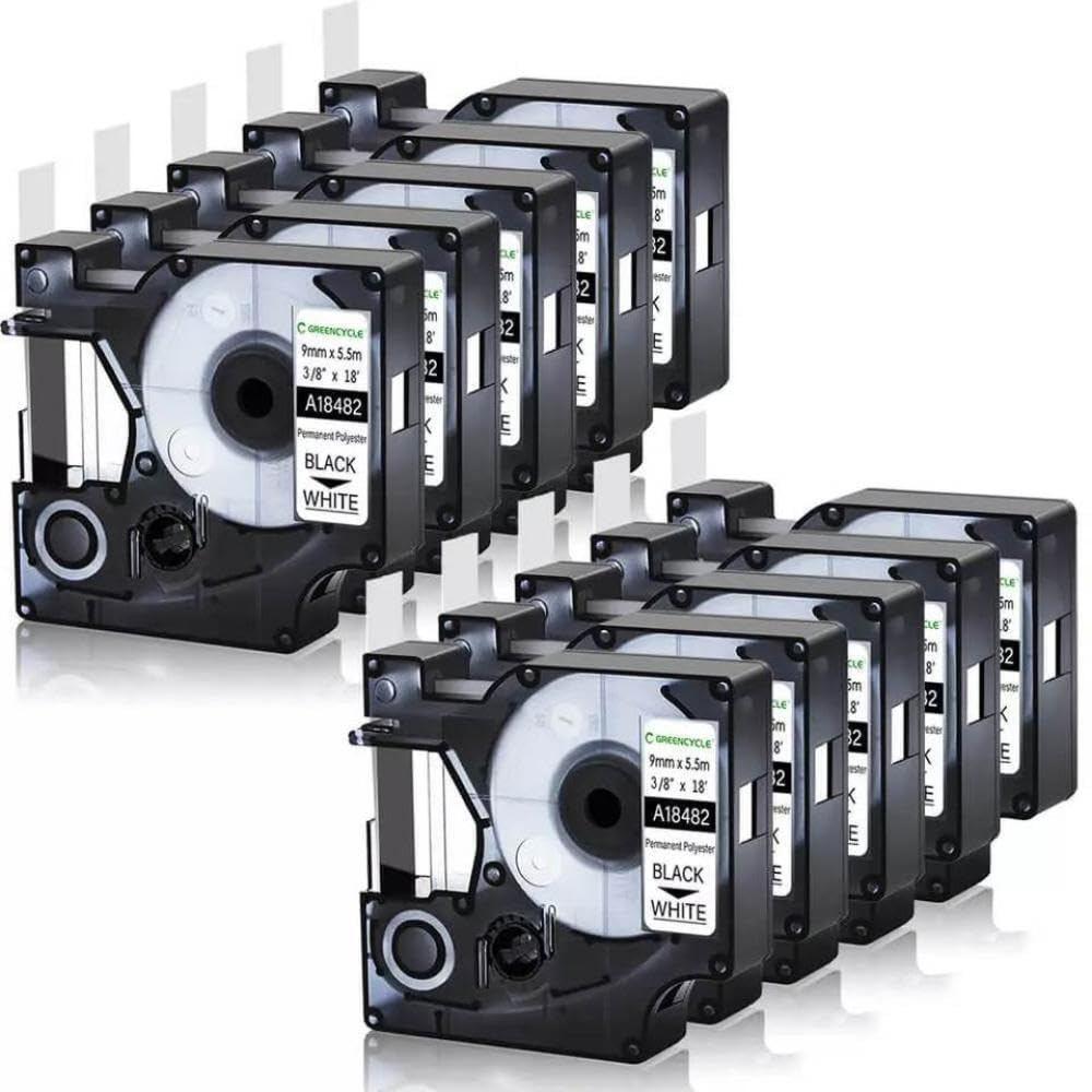 12 mm Poliestere Permanente Nero su Nastro di Etichetta Bianca Compatibile con 18482 18483 18484 Etichette produttori 1000 4200 5200(10PK Black on White)