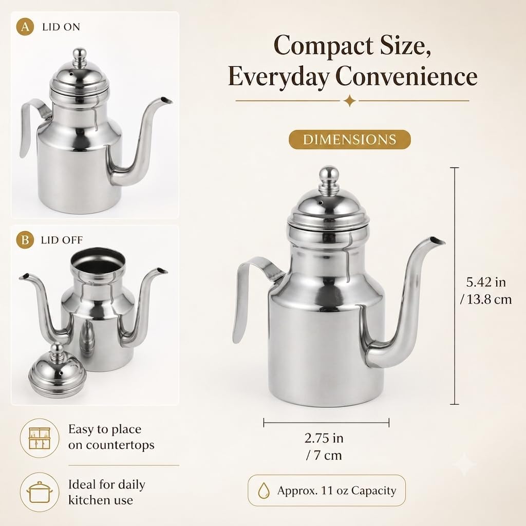 Cabilock Stainless Steel Oil Dispenser Bottle, 11 Oz Olive Oil Can with Long Spout And Handle, Small Vinegar Pourer Container for Kitchen Cooking, Bbq, Restaurant And Tabletop Use, Silver