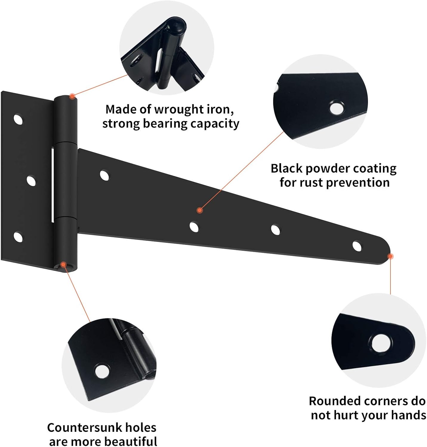 T-Strap Shed Hinge Heavy Duty Gate Strap Hinge, T/Tee Hinges Barn Door Hinges Black Hinges Rustic Hardware Iron Rustproof (8 Inch, 4 Packs, with Screws)