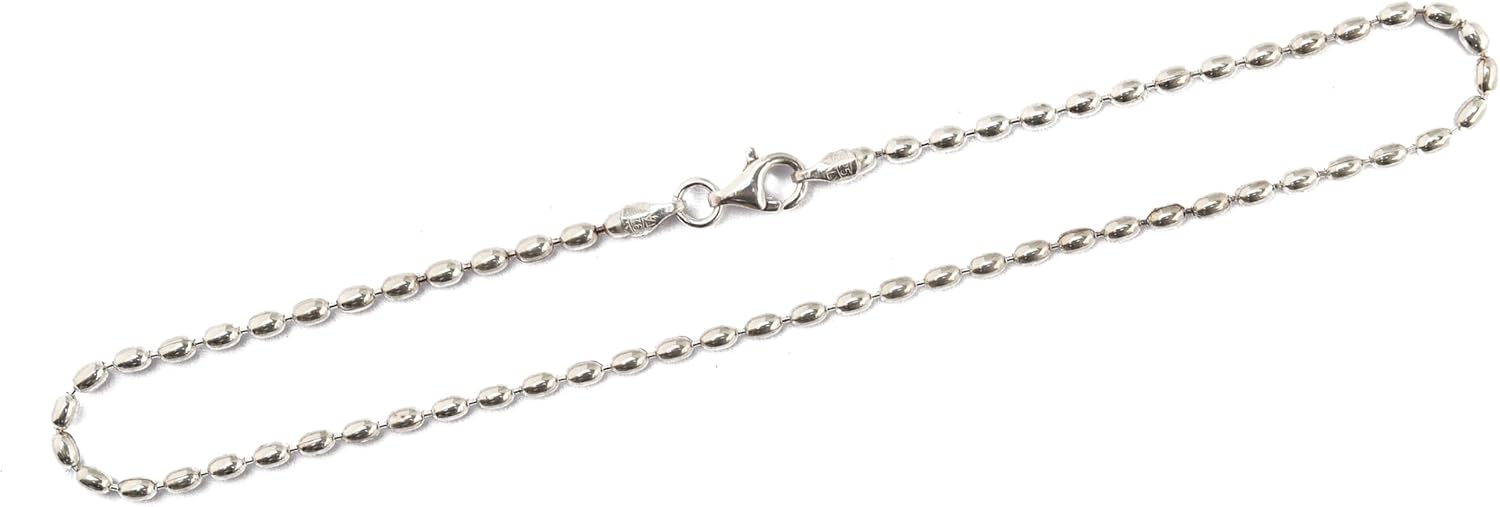 Sterling Silver 11-inch Charleston Rice Bead Link Anklet Sturdy Ankle Bracelet SMALL 2x3-mm Beads in GIFT BOX