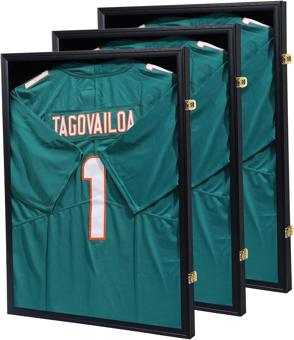 Jersey Frame Display Case - Jersey Display Frame Shadow Box for Jersey Display Case with UV Protection Acrylic Panel Gold Locks for Baseball Basketball Football Soccer Hockey Sport Shirt Black
