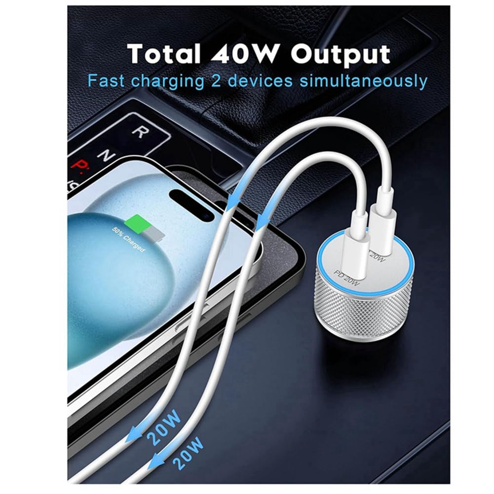 Chargeur Voiture Double Port USB-C 40W - 2 Packs Avec Câbles 3 Pieds - Alliage Aluminium - Charge Rapide