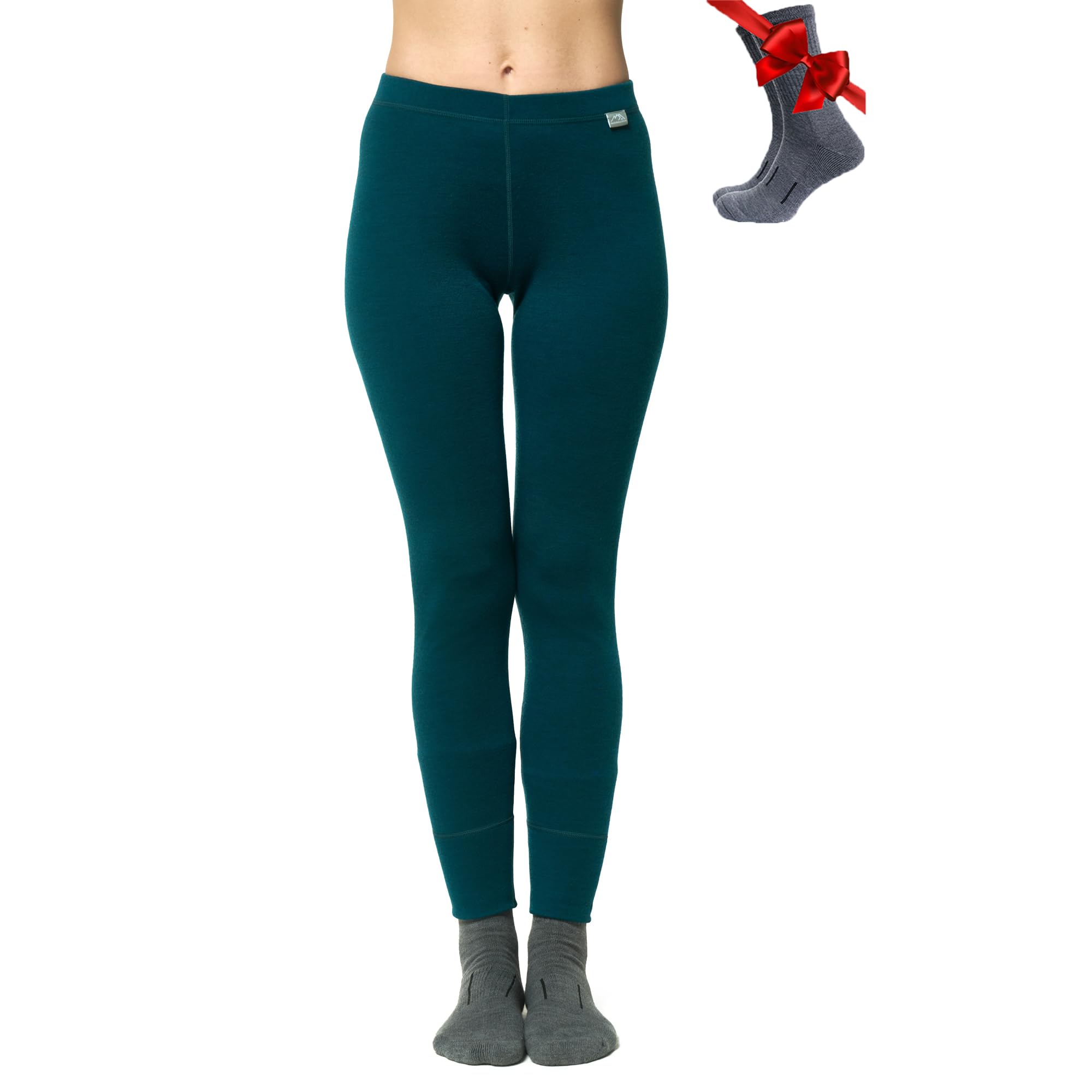Merino.tech Women's 320 Deep Teal Merino Wool Base Layer Leggings 100% Merino Thermal Underwear Pants For Heavyweight + Wool Socks (Xx-Large, )