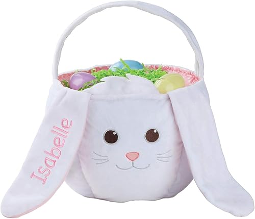 Cesta de conejo de Pascua blanca personalizada, forro rosa con nombre personalizado bordado en suave oreja de conejo, 11.0 x 12.0 in