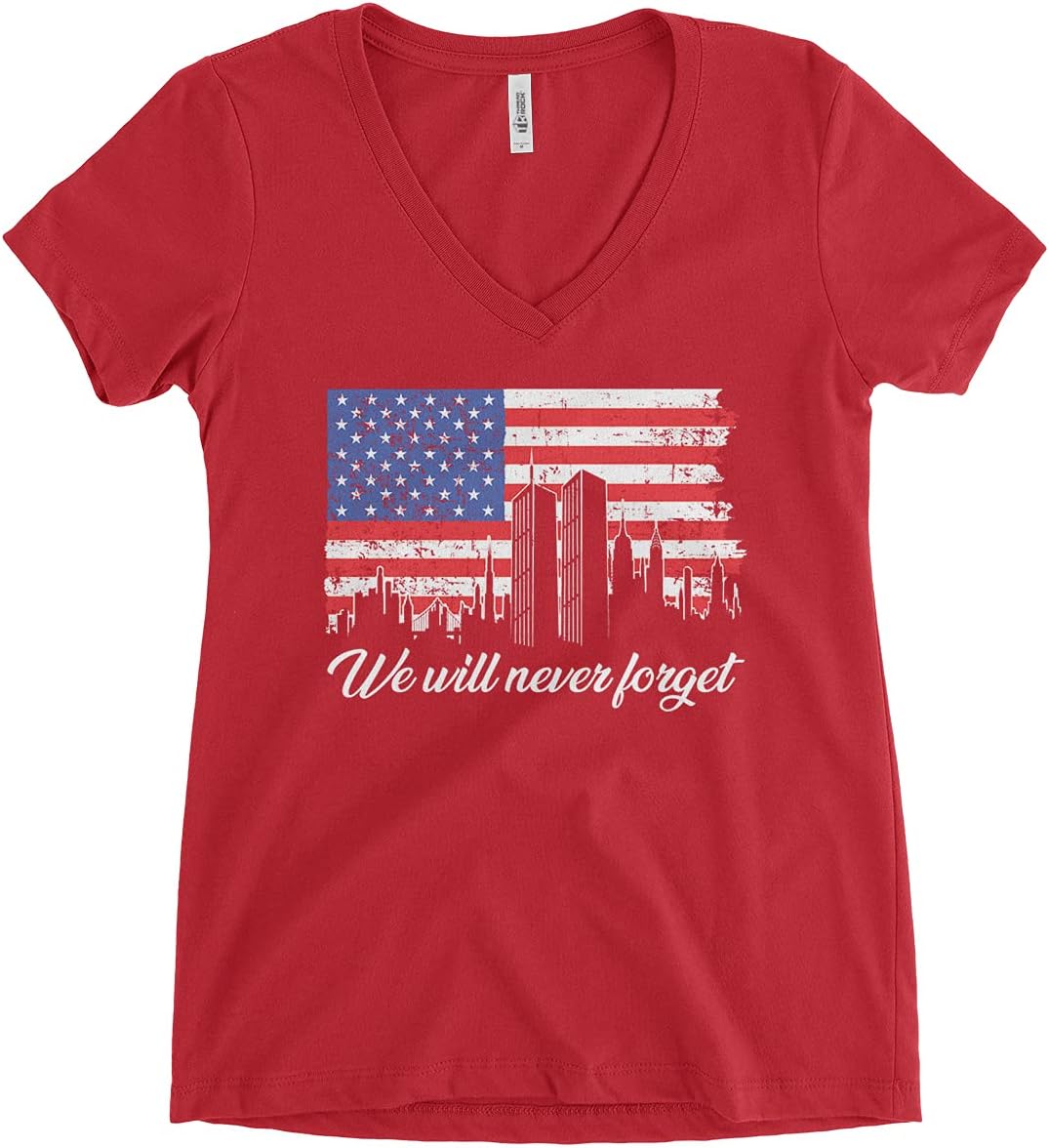 Threadrock Women's We Will Never Forget 9/11 V-Neck T-Shirt