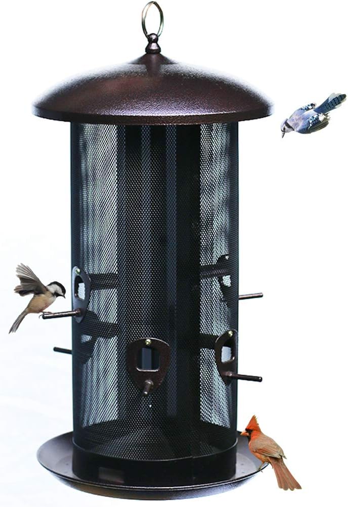 Nature's Rhythm Metal Hopper Bird Feeder Two Chambers?Heavy Duty Mesh Metal Dual Seed Compartments Outdoor Hanging Metal Wild Bird Feeder with 6 Feeding Ports,10lbs Seed Capacity