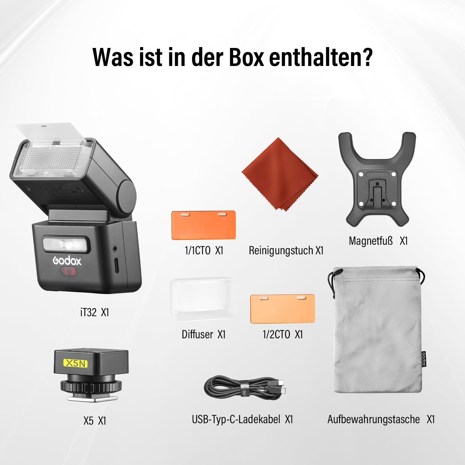 Godox IT32 für Nikon Kamera Blitzgeräte IT32 TTL Mini Flash mit X5N Blitzauslöser Diffusor HSS 2.4GHz X-System GN18 Kamerablitz Touchscreen Integrierter Reflektor LED-Licht Magnetischer Farbfilter