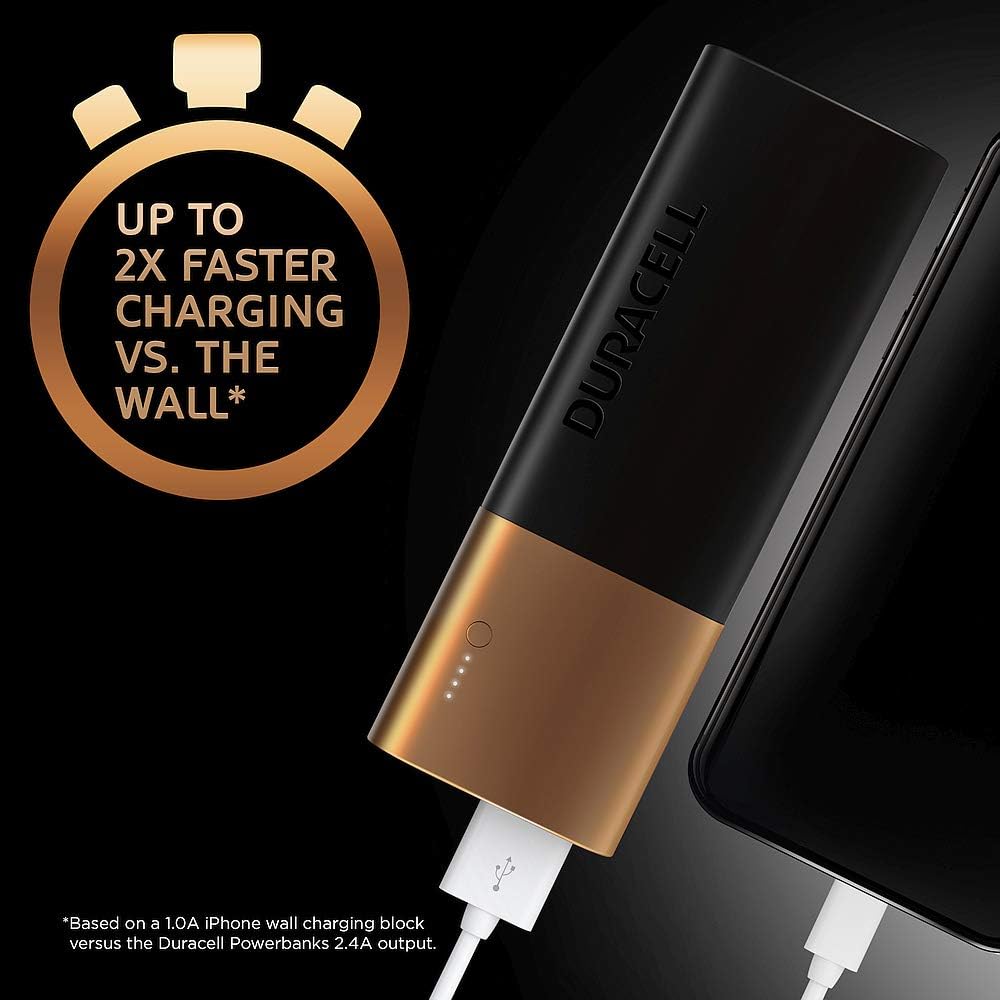 Duracell Powerbank charging a smartphone, emphasizing up to 2X faster charging compared to a standard wall charger.