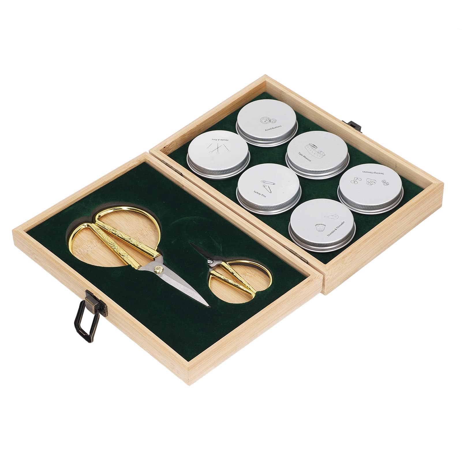Kit de costura completo de madera con almacenamiento de doble capa, tijeras de acero inoxidable, alfileres, botones, hebillas, dedal, enhebrador y cinta métrica, ideal para