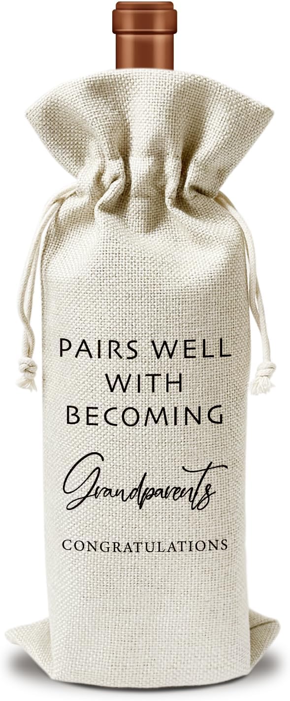Pregnancy Announcement for Grandparents Wine Gift Bag, First Time Grandparents Gifts for Grandparents, 1pcs Reusable Burlap Wine Gift Bag for Wine Bottles, Baby Announcement Holiday Party Favor -22