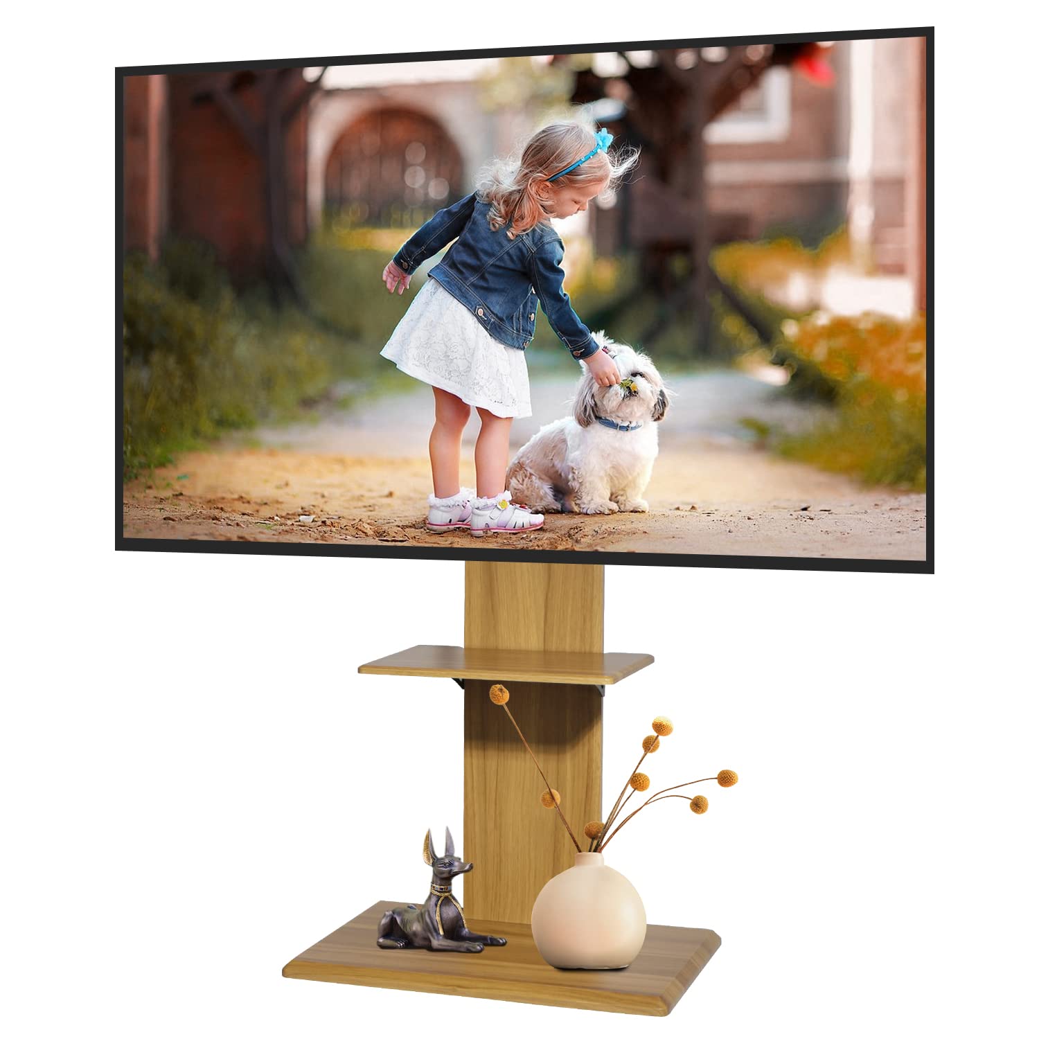 TV Floor Stand with Media Pallet Universal TV Stand Height Adjustment Visual Angle Rotation TV Mount Fit 32 inch to 70 inch TV Walnut Grain