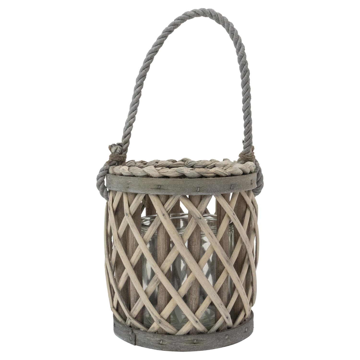 JVL Luna Natural Willow Wood Lantern With Braided Rope Handle, Grey Wash