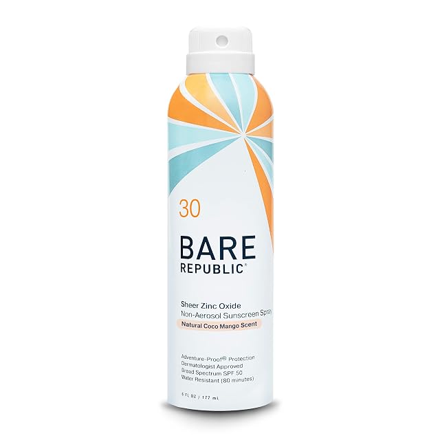 Bare Republic Mineral Sunscreen SPF 30 Sunblock Spray Sheer and Non-Greasy Finish Coconut Mango Scent 6 Fl Oz