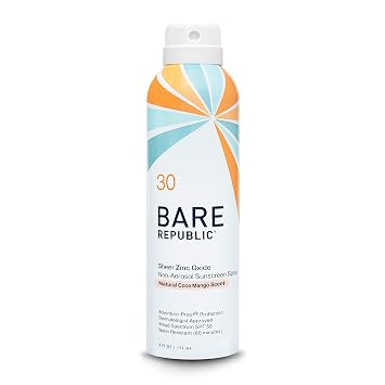 Bare Republic Mineral Sunscreen SPF 30 Sunblock Spray، Sheer and Non-Greasy Finish، Coconut Mango Scent، 6 Fl Oz