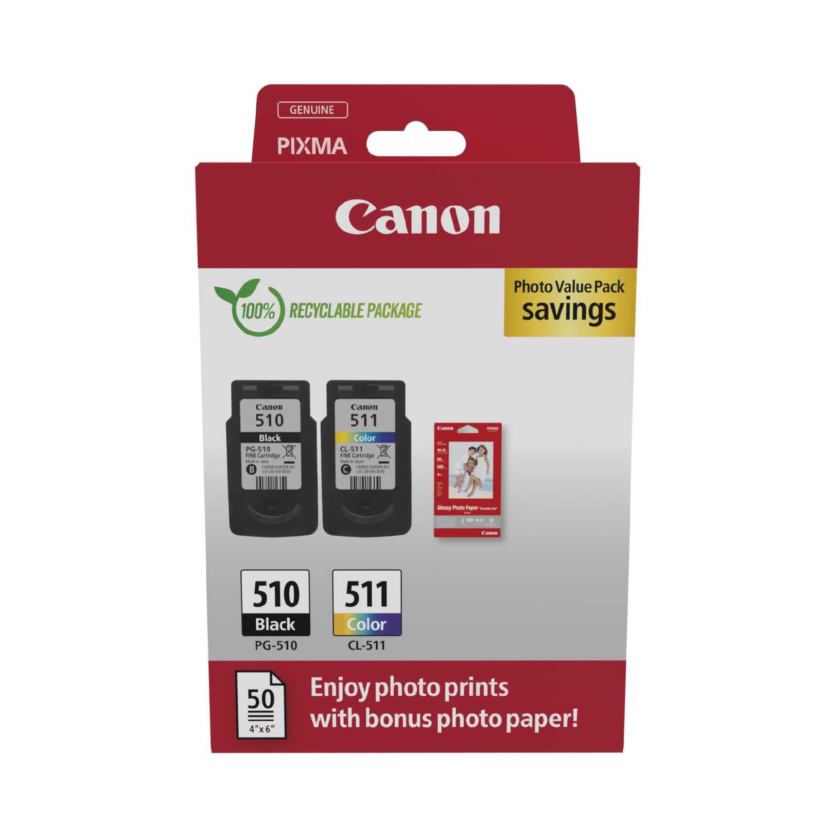 Canon PG-510/CL-511 Vorteilspack 2 Tintenpatronen (Schwarz + Farbe) Original +50 Blatt 10x15cm Photo Paper [Umweltfreundliche Recycle-Kartonverpackung 2024]
